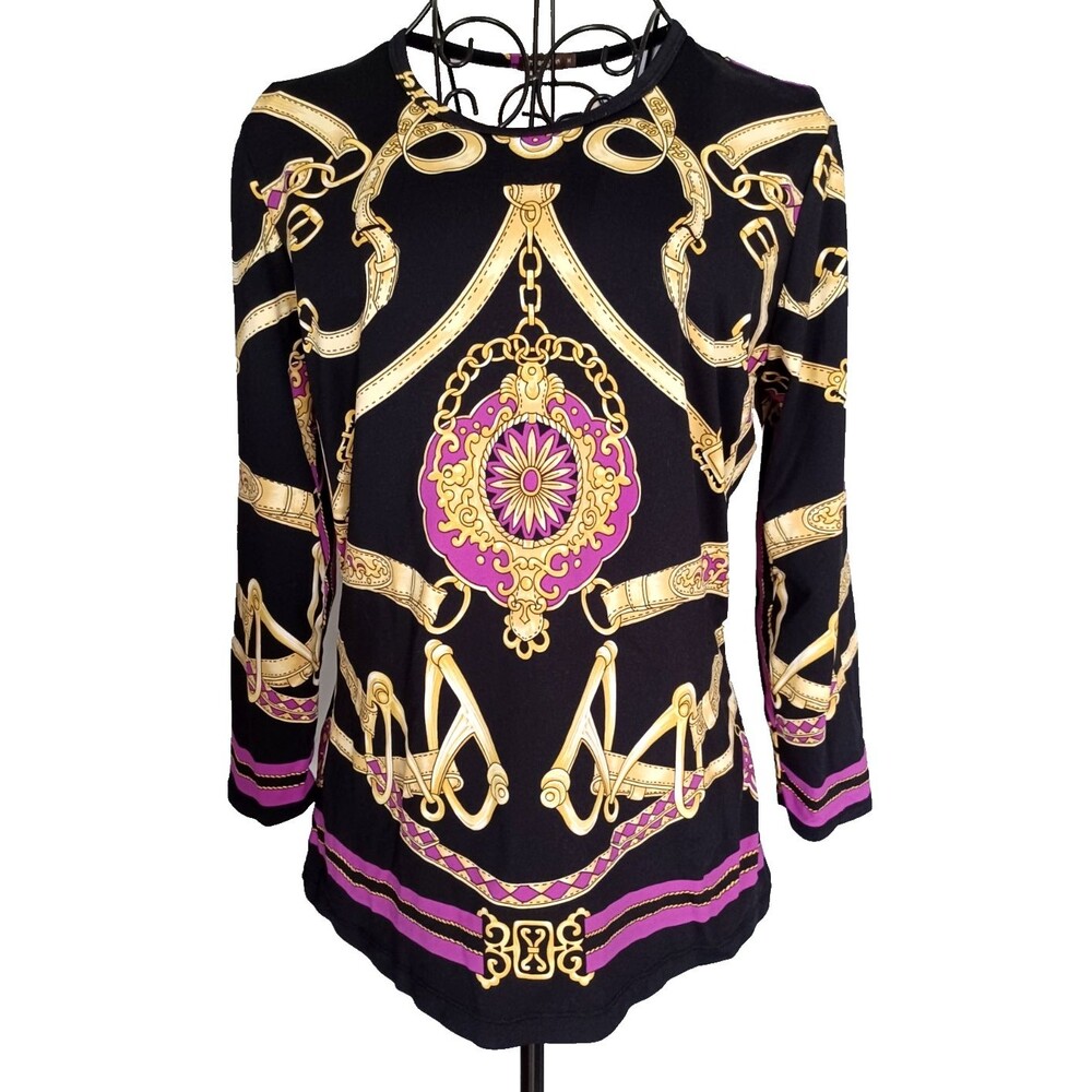 J. McLAughlin Womens Top Sz M Gold Purple Chains Straps Elegant